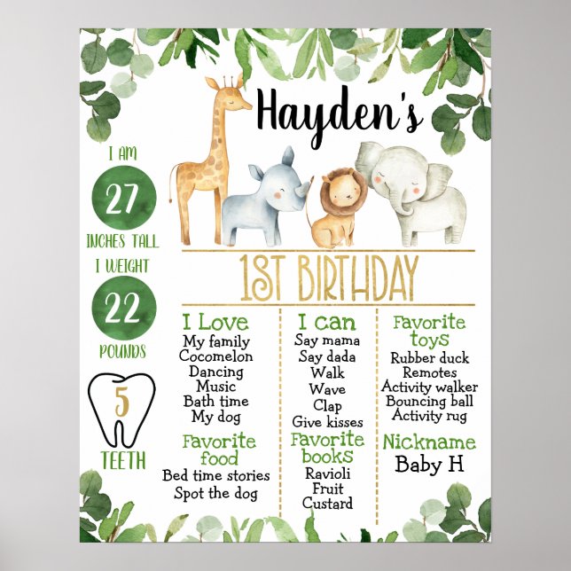 Safari Animals Foilage 1a Birthday Milestone Poster (Framsidan)