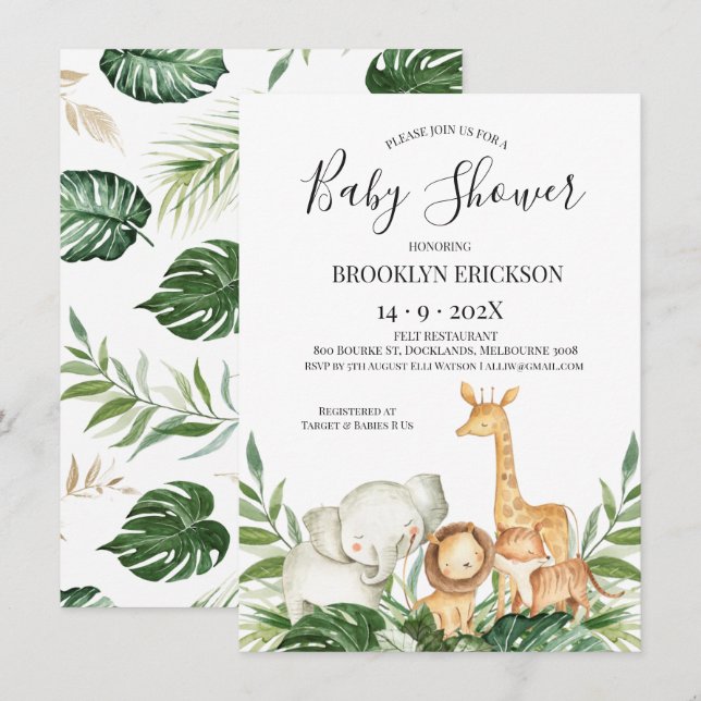 Safari Animals Foliage Baby Shower Inbjudningar (Fram/baksida)