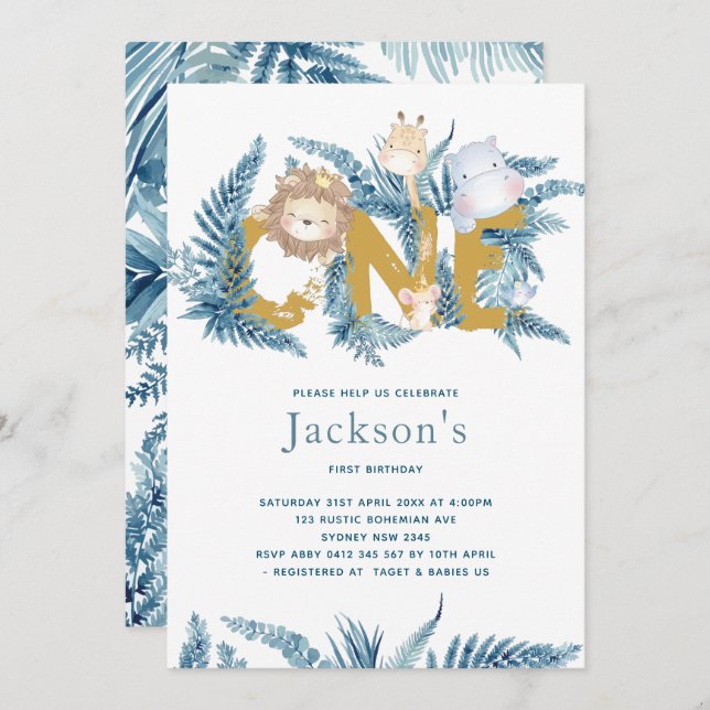 Safari Animals första födelsedag Inbjudningar (Fram/baksida)