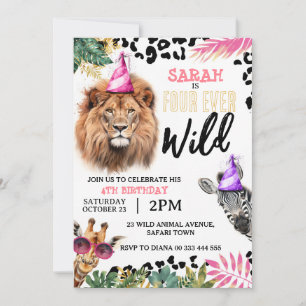 Safari Animals Girl 4e födelsedagen, fyraårig Vild Inbjudningar