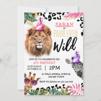 Safari Animals Girl 4e födelsedagen, fyraårig Vild Inbjudningar