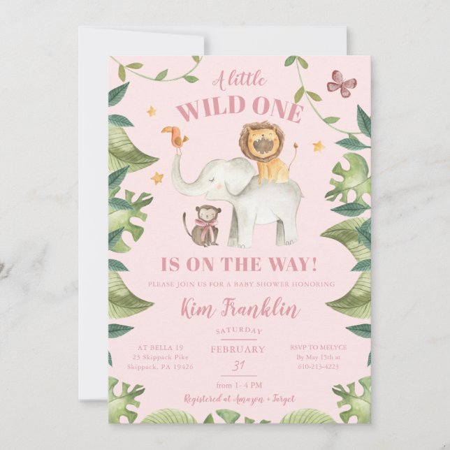 Safari Animals Girl Baby Shower Vild 1 Inbjudningar (Framsida)