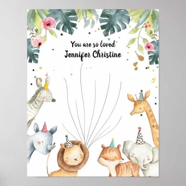 Safari Animals Girl Fingerprint Guestbook Birthday Poster (Framsidan)