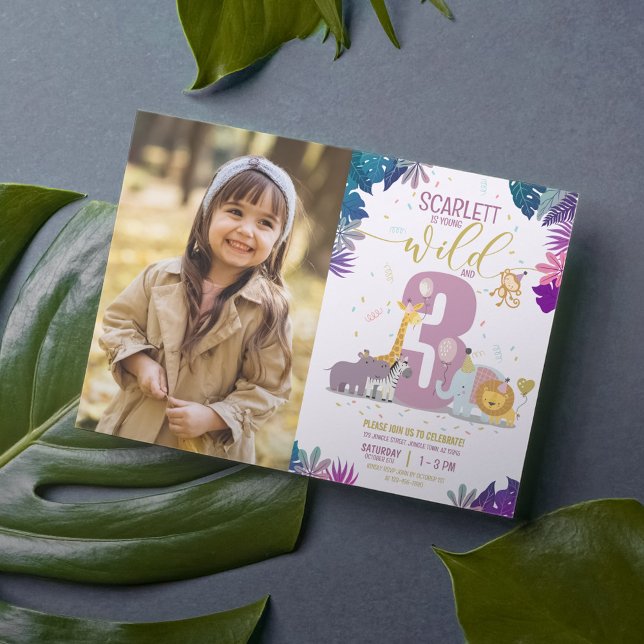 Safari Animals Girl Young Vild & 3 Photo Birthday Inbjudningar (Skapare uppladdad)