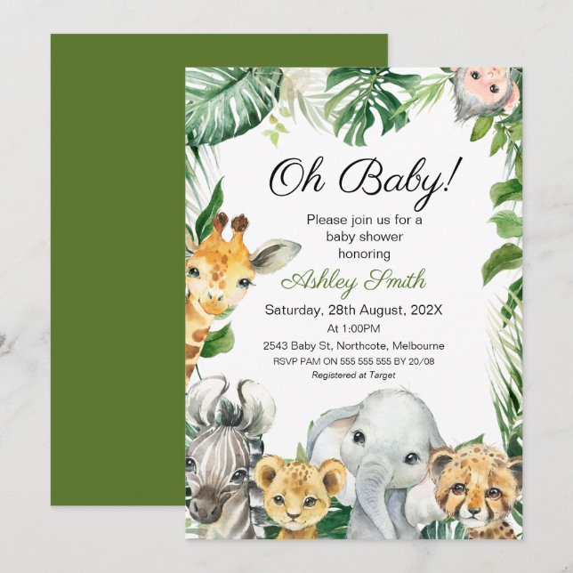 Safari Animals Greenery Baby Shower-inbjudan Inbjudningar (Fram/baksida)