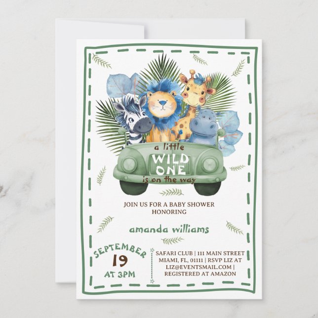 Safari Animals Greenery Car Baby Shower Inbjudningar (Framsida)