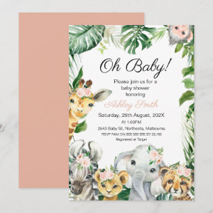 Safari Animals Greenery Girls Baby Shower Inbjudningar
