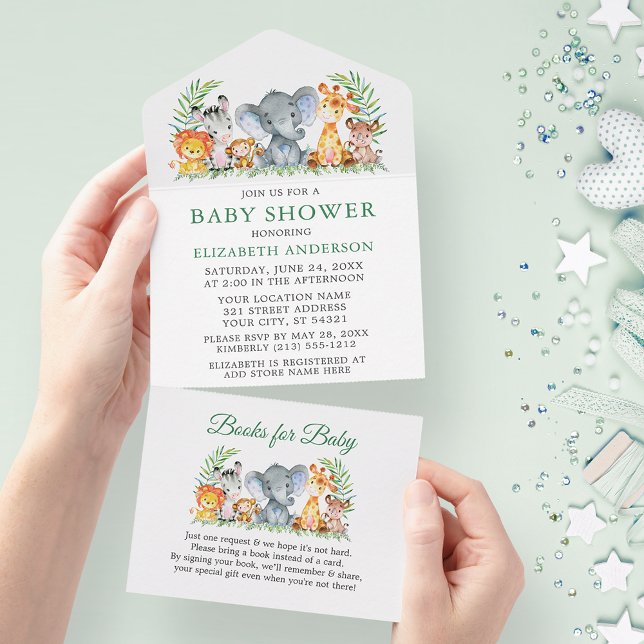 Safari Animals Grönt Baby Shower och Bokar (All In One Baby Shower Invitation with Books for Baby tear off card.)