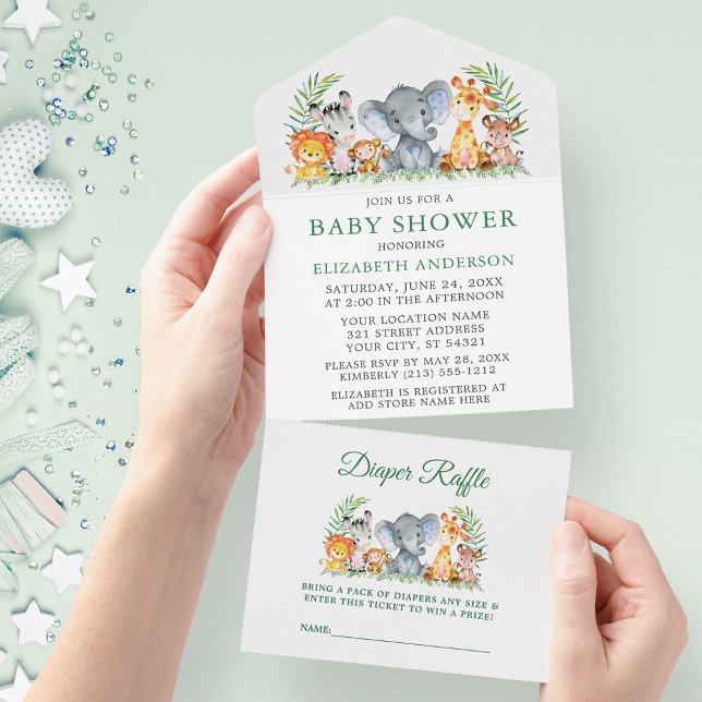 Safari Animals Grönt Baby Shower och Raffle (All In One Baby Shower Invitation with Diaper Raffle tear off card.)