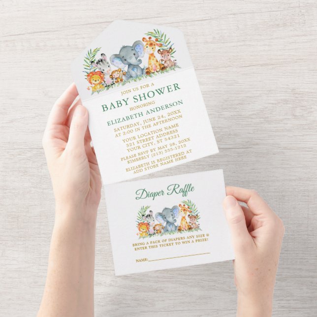Safari Animals Grönt Baby Shower och Raffle Guld (Tearaway)