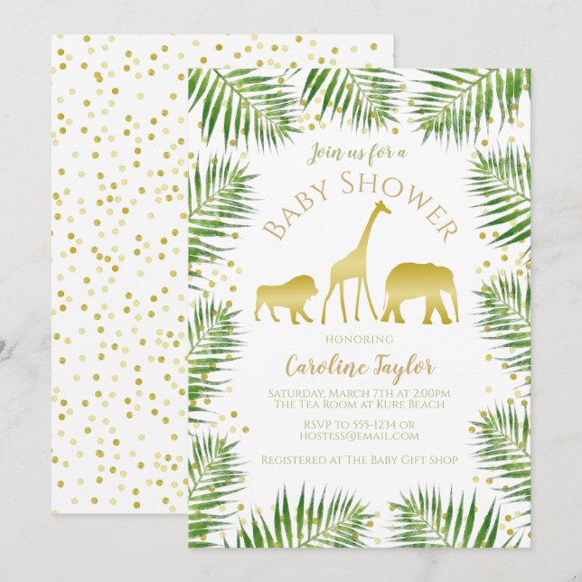 Safari Animals Guld Baby Shower Inbjudningar (Fram/baksida)