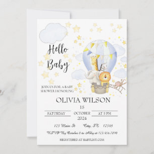 Safari Animals i en Luftballong Baby Shower Inbjudningar