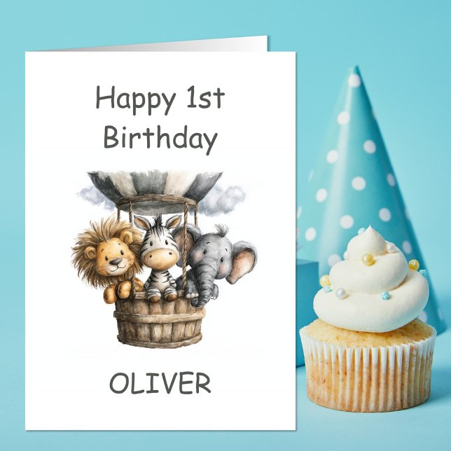 Safari Animals in Hot Air Balloon 1st Birthday Kort (Skapare uppladdad)