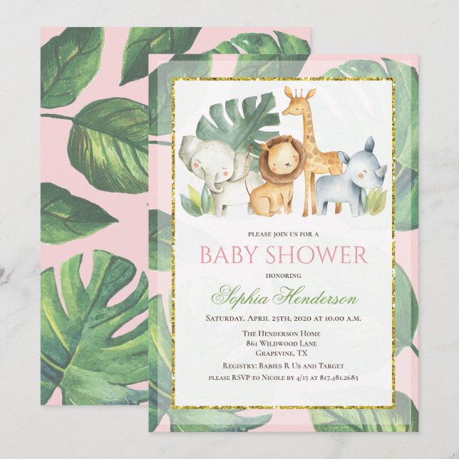 Safari Animals Jungle Animals Baby Shower Inbjudningar (Fram/baksida)