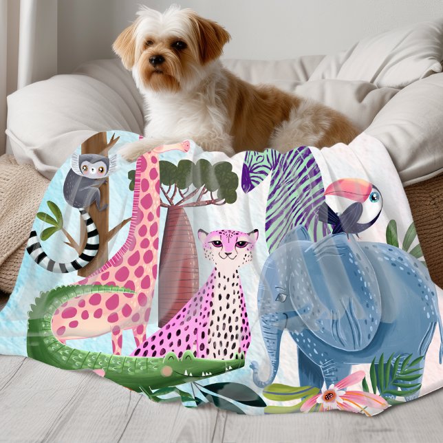 Safari animals jungle birthday watercolor girl fleecefilt (Skapare uppladdad)