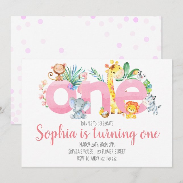 Safari Animals Jungle Rosa Girl 1 First Birthday Inbjudningar (Fram/baksida)