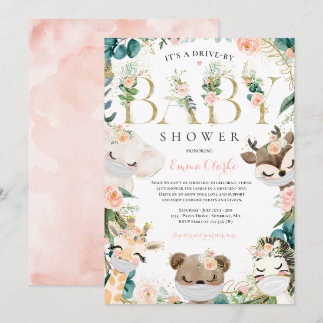 Safari Animals kör med babyskor Greenerys Rosa Inbjudningar (Fram/baksida)