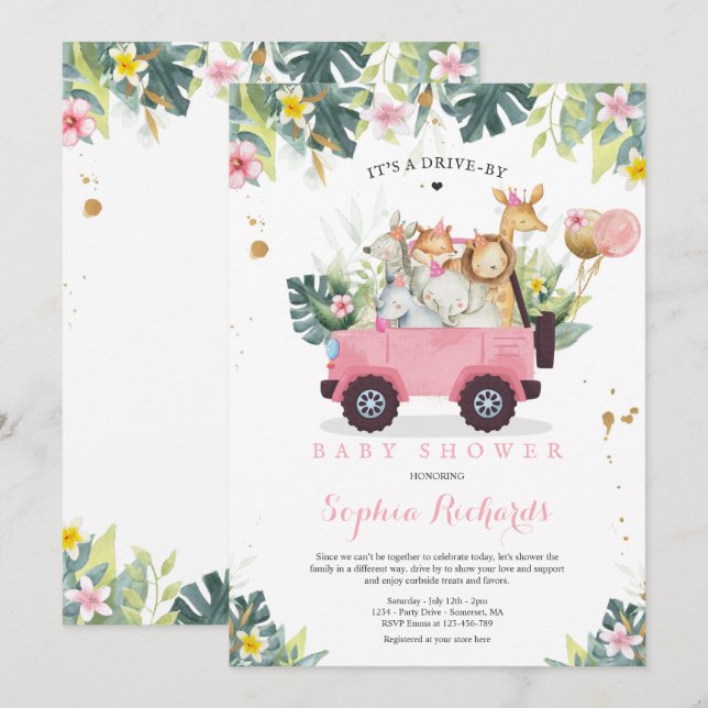 Safari Animals kör med babystölder Greenery Guld Inbjudningar (Fram/baksida)