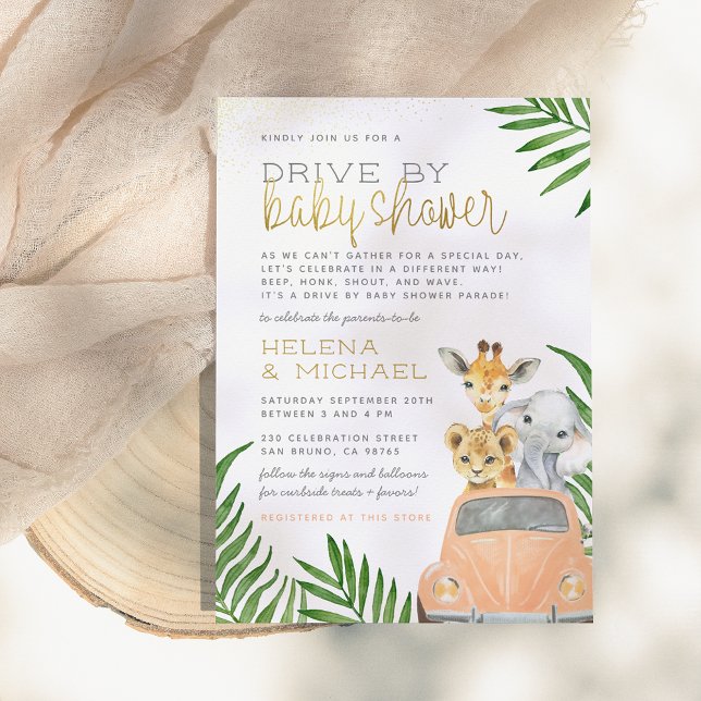 Safari Animals kör med Rosa Car Girl Baby Shower Inbjudningar (Skapare uppladdad)