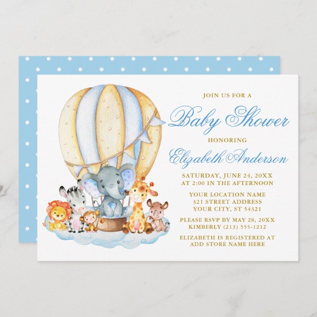 Safari Animals Luft Balloon Clouds Dots Baby Showe Inbjudningar (Fram/baksida)