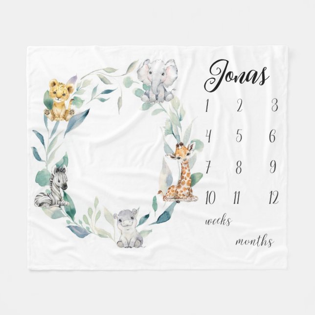 Safari Animals Milestone Blanket for Boys, Waterco Fleecefilt (Framsidan (Horisontell))