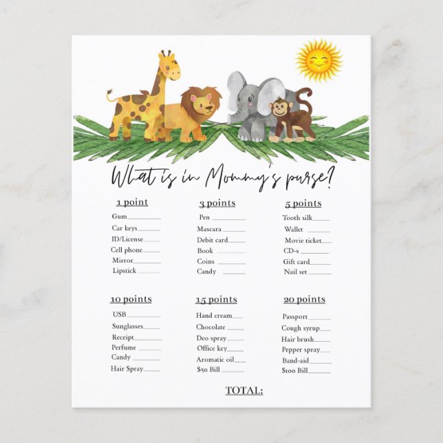 Safari Animals Mummy's Purse Baby Shower Game (Framsida)