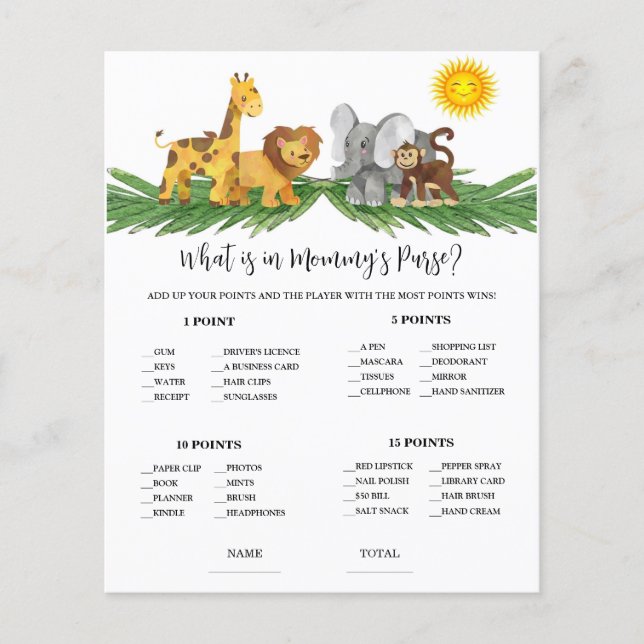 Safari Animals Mummy's Purse Baby Shower Game (Framsida)