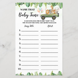 Safari Animals Namn Baby Tune Shower Game Card Flygblad