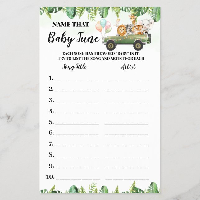 Safari Animals Namn Baby Tune Shower Game Card Flygblad (Framsidan)