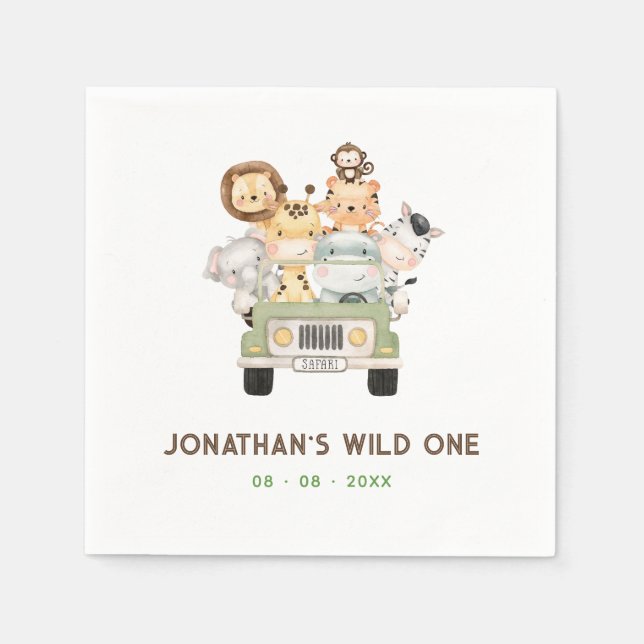 Safari Animals Napkins - Boy 1st Vild En födelseda Pappersservett (Framsidan)