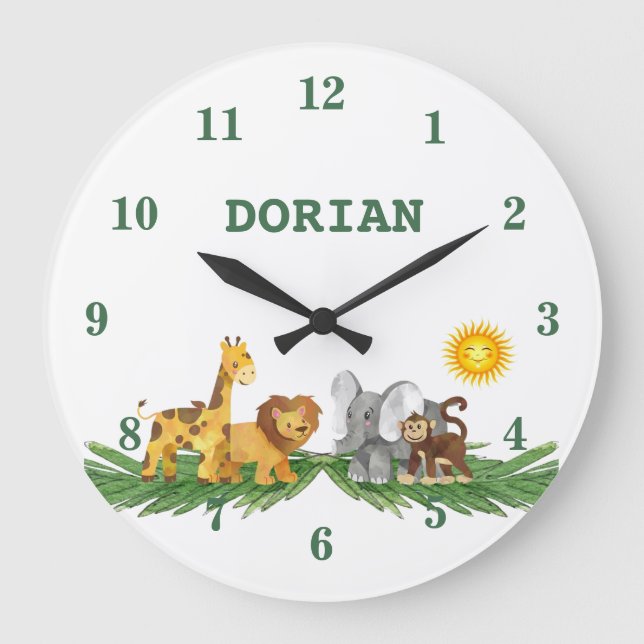 Safari Animals Nursery Wall Clock Stor Klocka (Framsida)