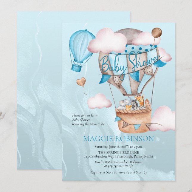 Safari Animals och Balloons Blue Boy Baby Shower Inbjudningar (Fram/baksida)