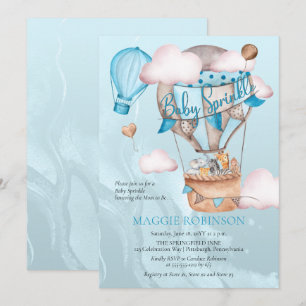 Safari Animals och Balloons Blue Boy Baby Sprinkle Inbjudningar