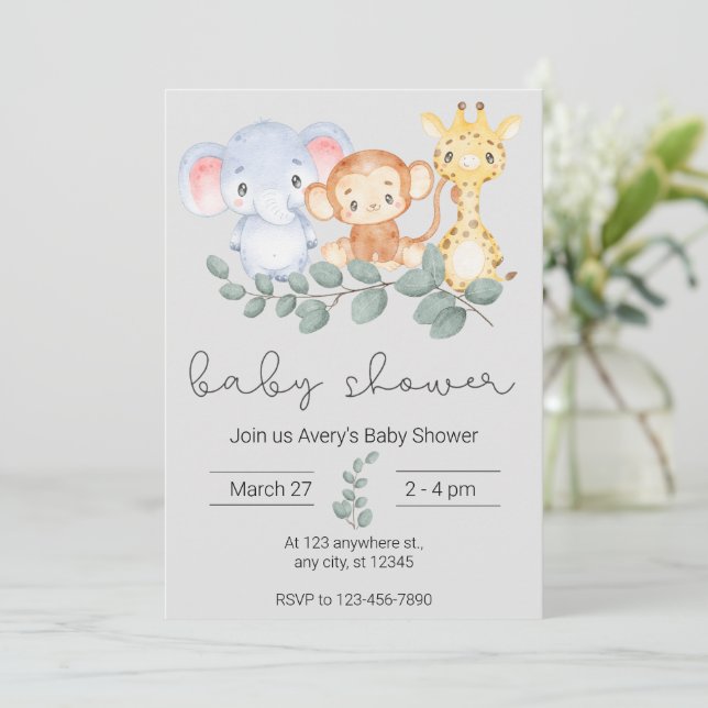 Safari Animals och Greenery Baby Shower Inbjudningar (Stående Fram)
