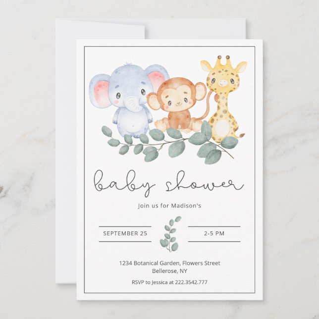 Safari Animals och Greenery Baby Shower Inbjudningar (Framsida)