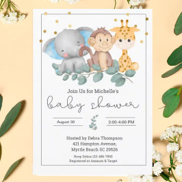 Safari Animals och Greenery Baby Shower Inbjudningar