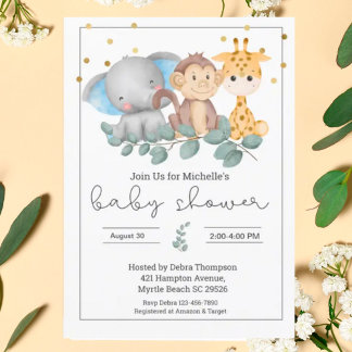 Safari Animals och Greenery Baby Shower Inbjudningar