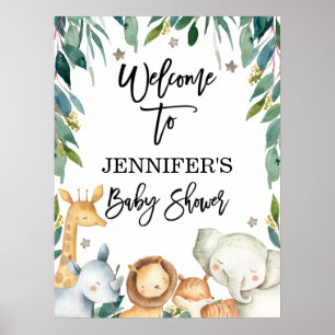 Safari Animals och Grey Welcome Baby Shower Poster