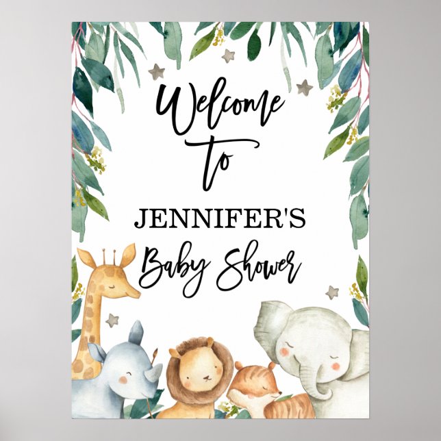 Safari Animals och Grey Welcome Baby Shower Poster (Framsidan)