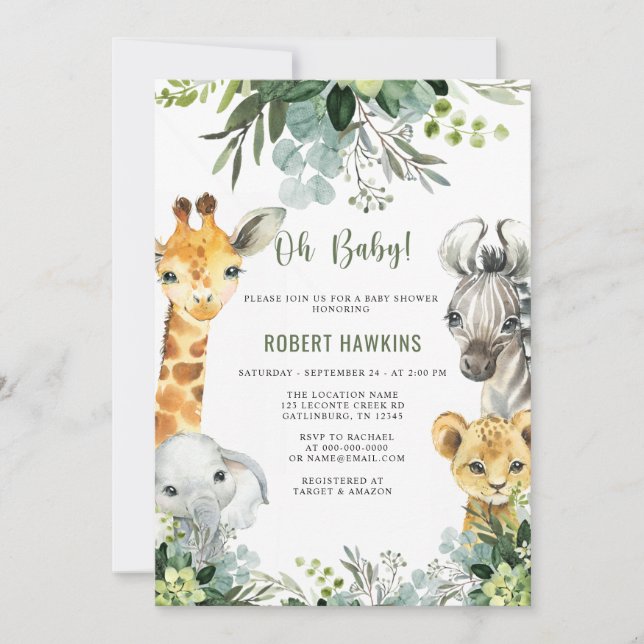 Safari Animals Oh Baby Greenery Jungle Baby Shower Inbjudningar (Framsida)