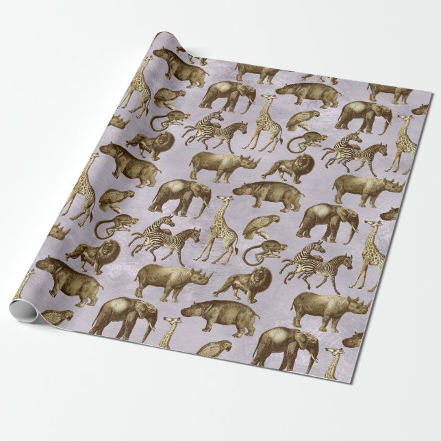 Safari Animals on Light Lila Presentpapper (Utrullad)