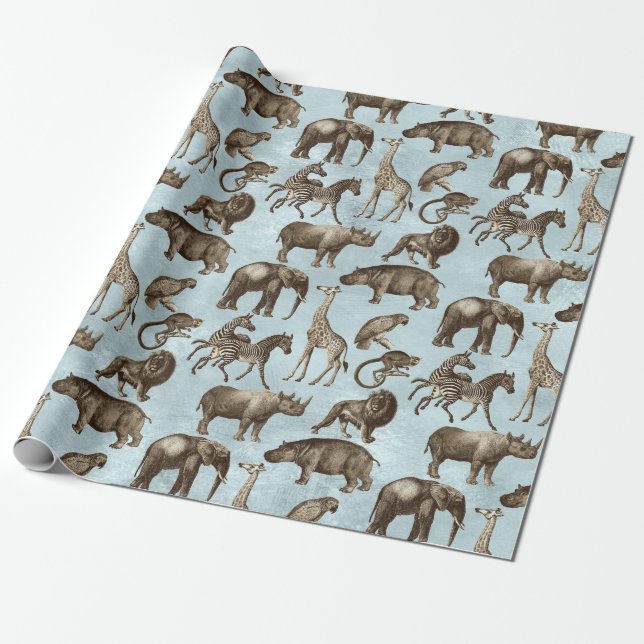 Safari Animals på Light Blue Presentpapper (Utrullad)