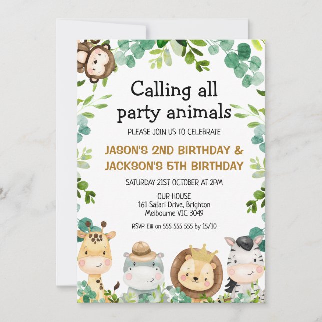 Safari Animals Party Birthday Inbjudningar (Framsida)