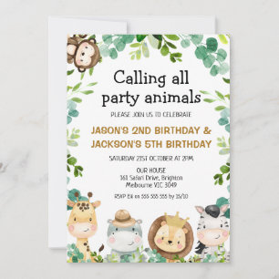 Safari Animals Party Birthday Inbjudningar
