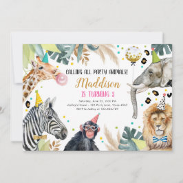 Safari Animals Party Girl Girl Guld Rosa Birthday Inbjudningar