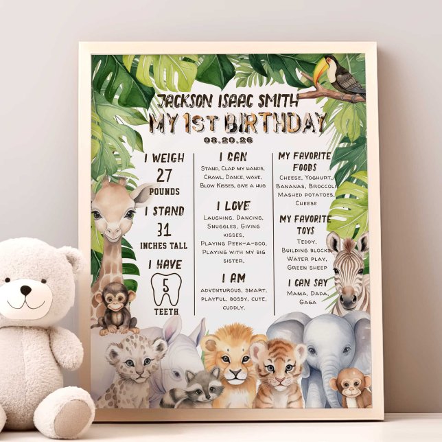 Safari Animals Pojke 1:a milsten Fototryck (Safari Animals boy 1st birthday milestone poster.)