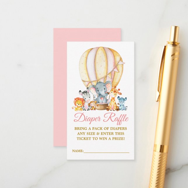 Safari Animals Rosa Ballon Diaper Raffle Shower Tilläggskort (Fram/Back In Situ)