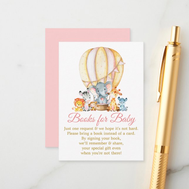 Safari Animals Rosa Balloon Bokar for Baby Shower Tilläggskort (Fram/Back In Situ)