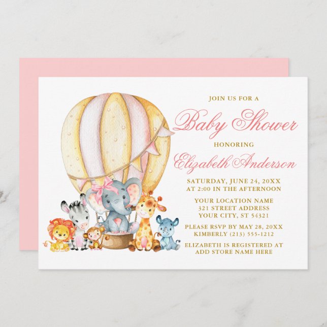 Safari Animals Rosa Bow Luft Balloon Baby Shower Inbjudningar (Fram/baksida)