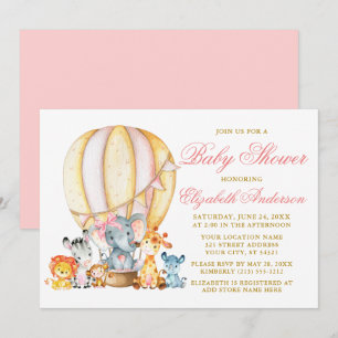 Safari Animals Rosa Bow Luft Balloon Baby Shower Inbjudningar